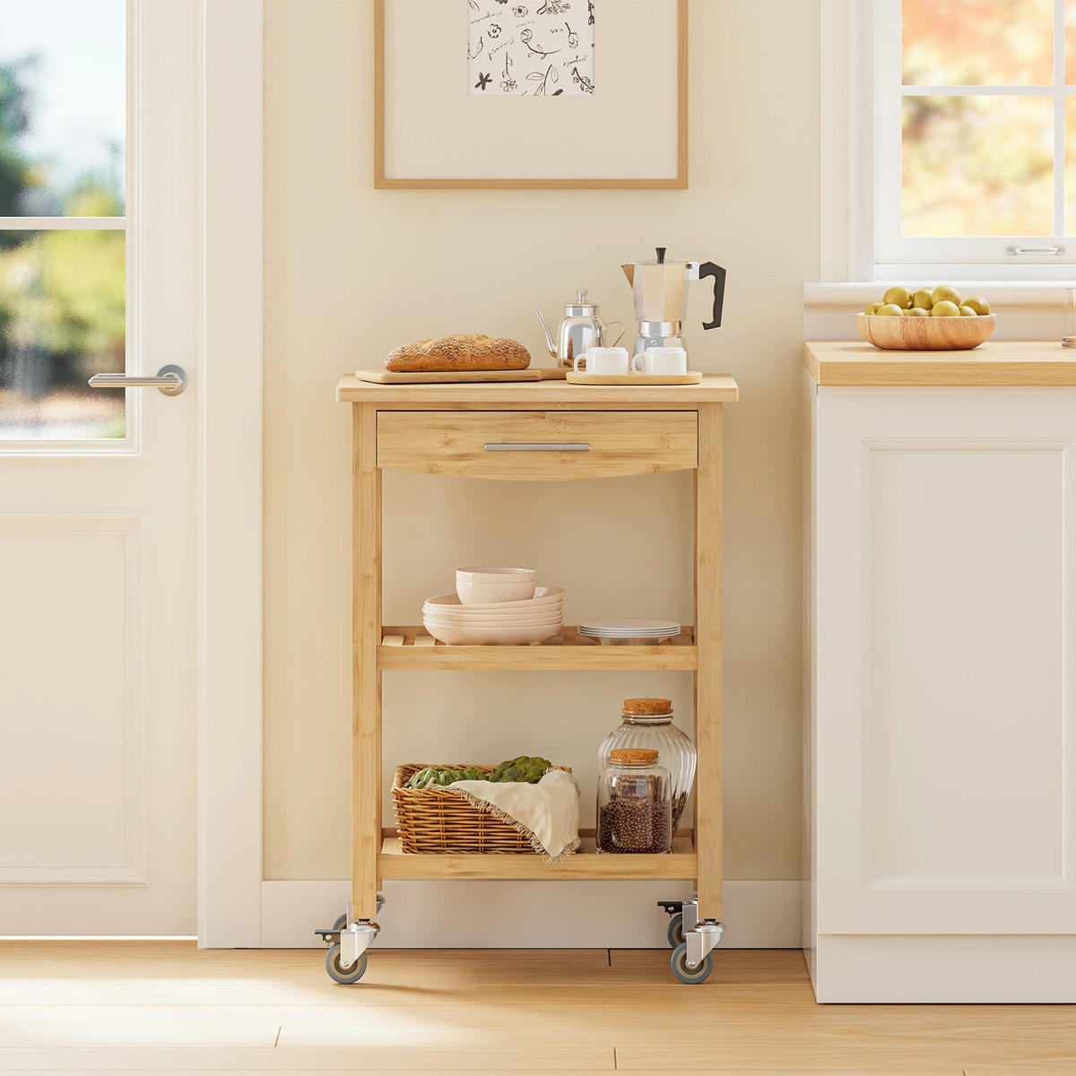 KÜCHENWAGEN mit Schublade und Rollen 58x40x86 cm FKW135-N - Naturfarben, Holz (58/86/40cm) - SoBuy