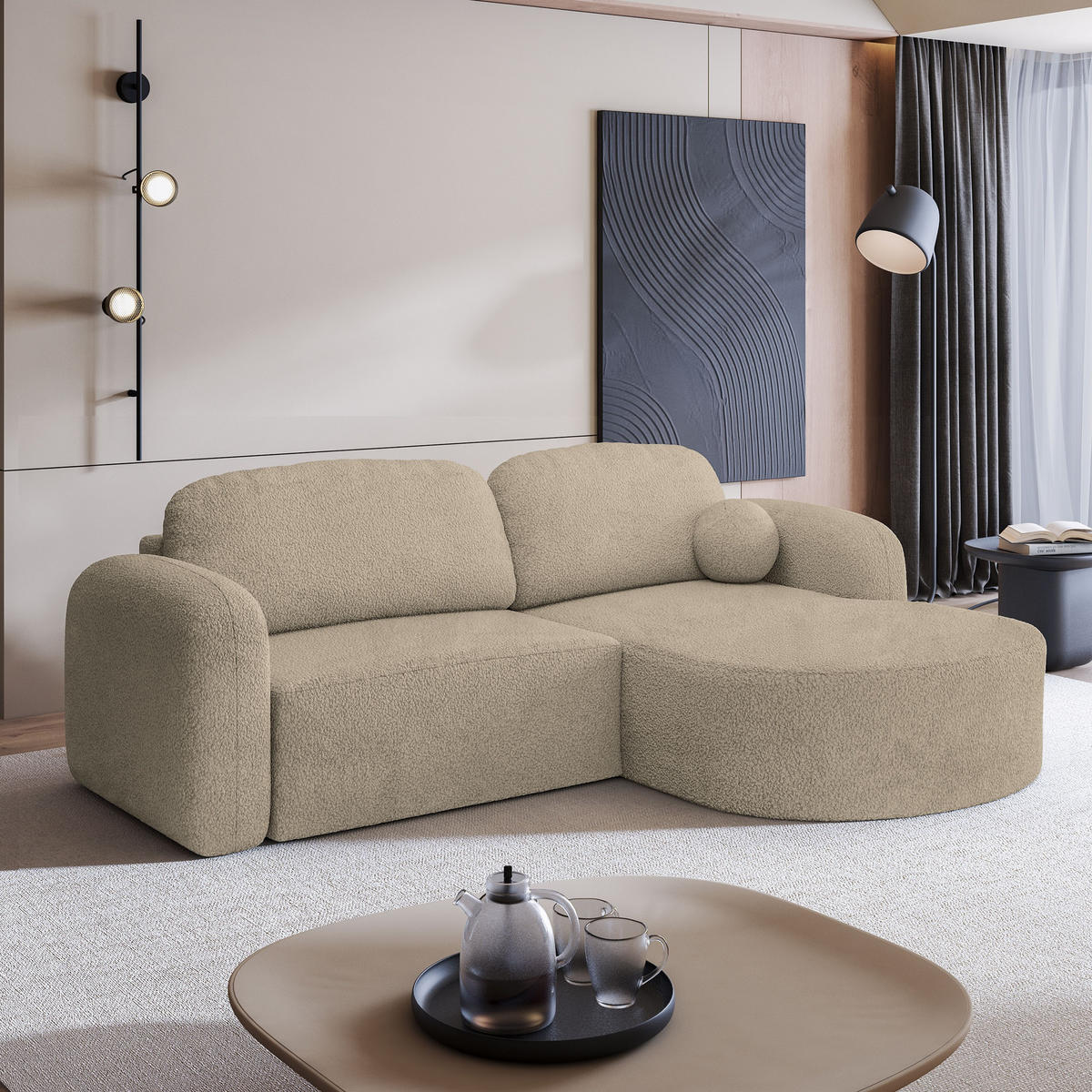 ECKSOFA AMILIA R-S Beige Boucle-Stoff mit Schlaffunktion - Beige, Holz (263/174cm) - MASSENO
