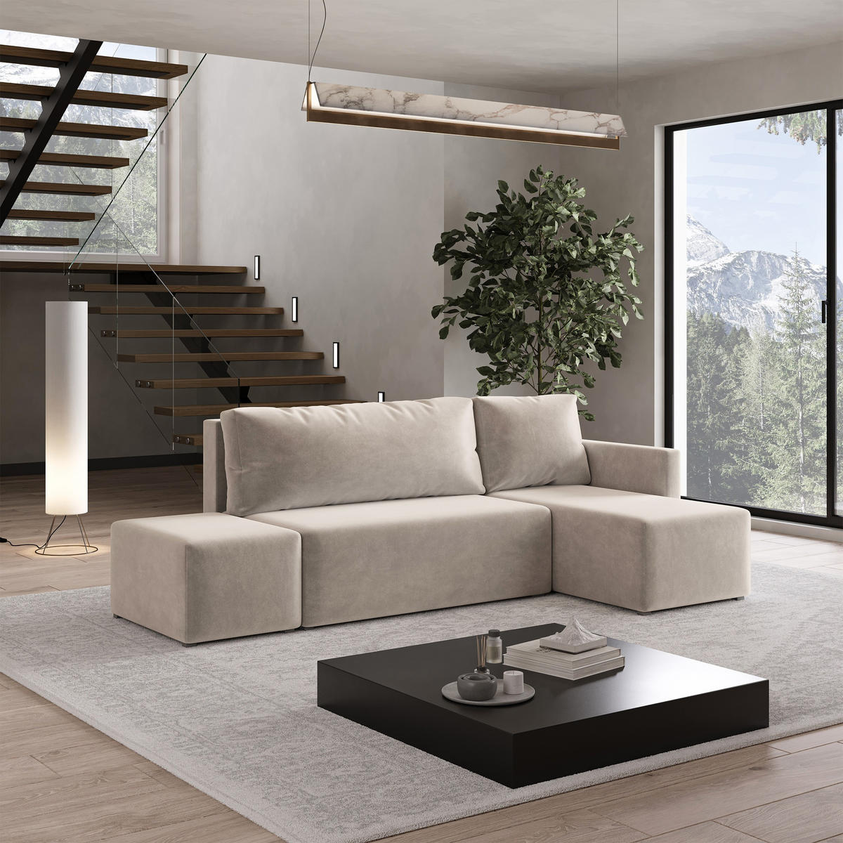 ECKSOFA VELOTTI R-S Beige Plüsch-Stoff mit Schlaffunktion - Beige, Holz (261/143cm) - MASSENO