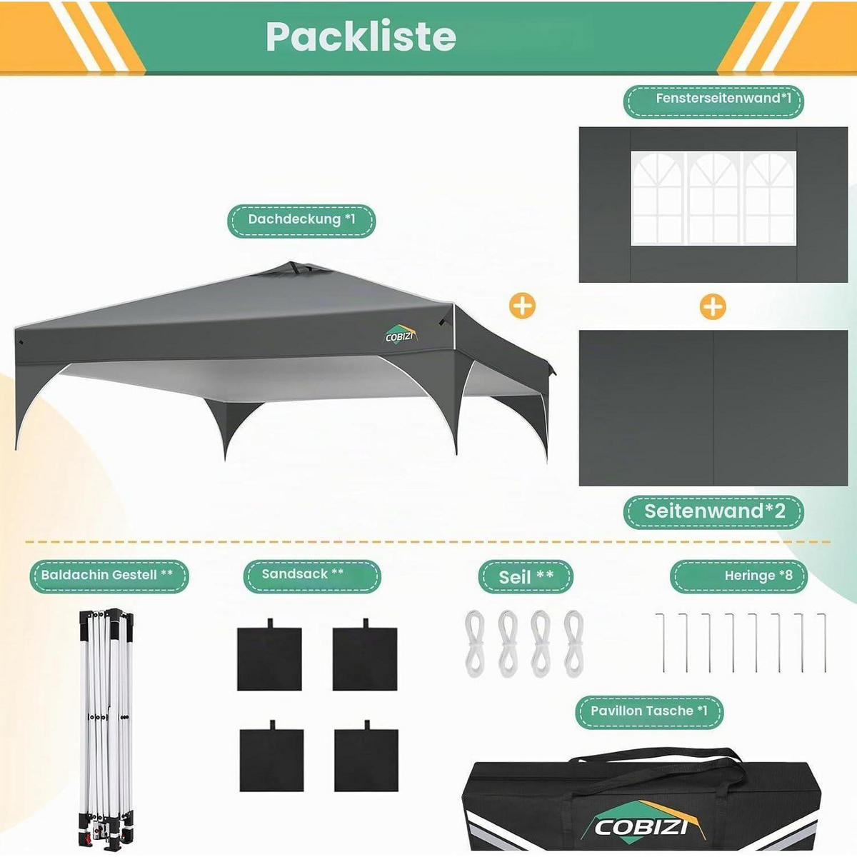 FALTPAVILLON 3x3m Grau Wasserdicht mit 3 Seitenteilen und Zentralverriegelung - Grau, Textil (300/265/300cm)