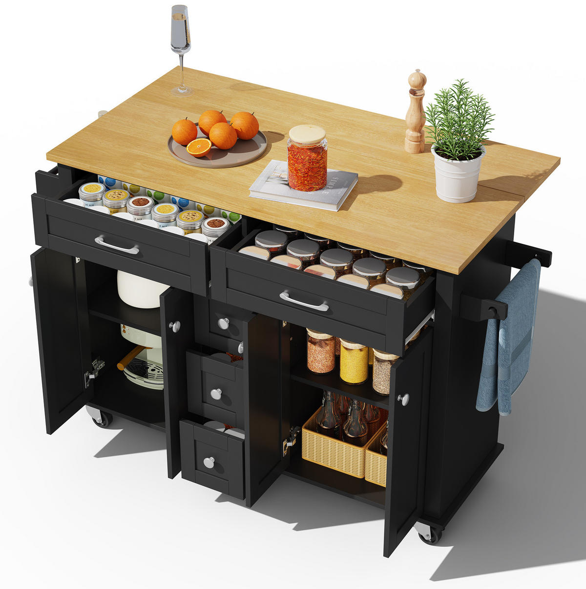 KÜCHENWAGEN 140/40/89 cm in Schwarz/Natur mit Klappplatte und 5 Schubladen - Schwarz, Holzwerkstoff (140/89/65cm) - Flora Grace