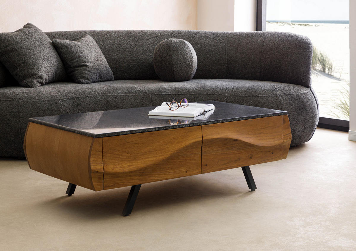 COUCHTISCH Akazie 124x60x40 natur lackiert / Marmor schwarz MONTREAL #129 - Schwarz/Braun, Holzwerkstoff (124/60/40cm) - Massivmoebel24