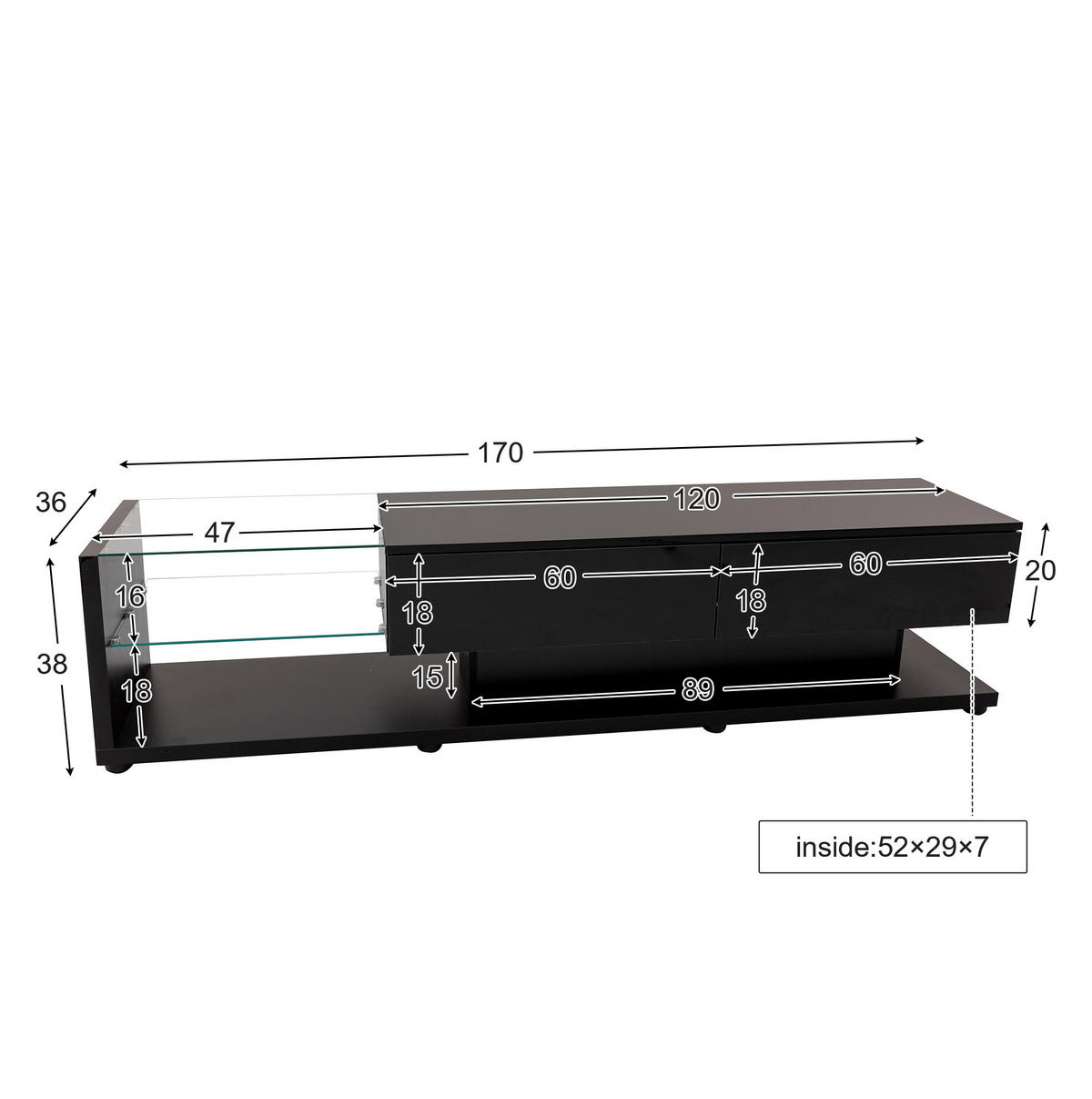 TV-LOWBOARD aus Spanplatte 170x36x38 cm Schwarz mit Hochglanzoberfläche, LED-Beleuchtung und 2 Schubladen - Schwarz, Holzwerkstoff (170/38/36cm) - IVMEU