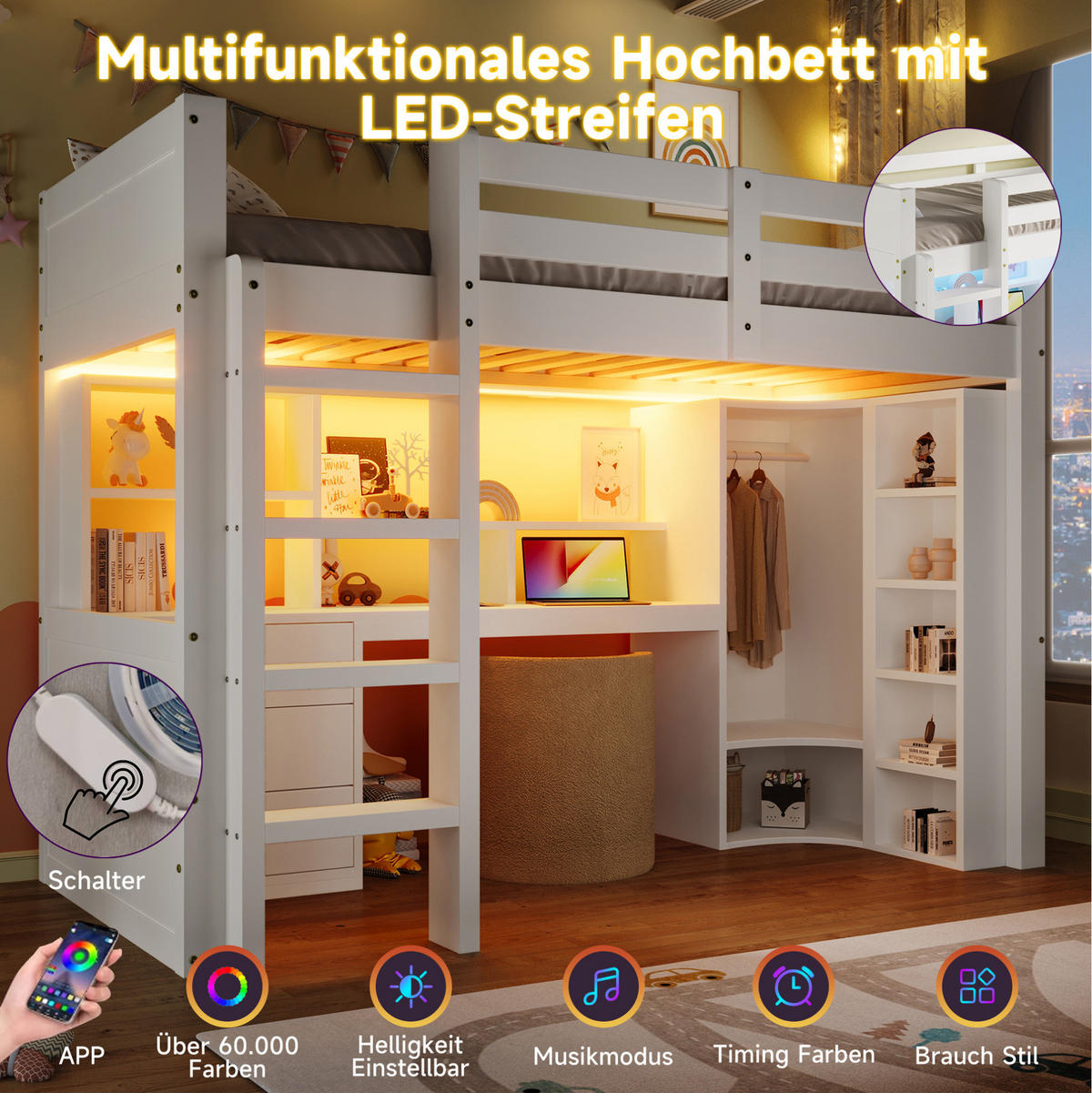 HOCHBETT aus Kiefer 90x200 cm Weiß mit LED-Beleuchtung, Schreibtisch, Kleiderschrank und Schubladen - Weiß, Holzwerkstoff (90/200cm) - Modfu