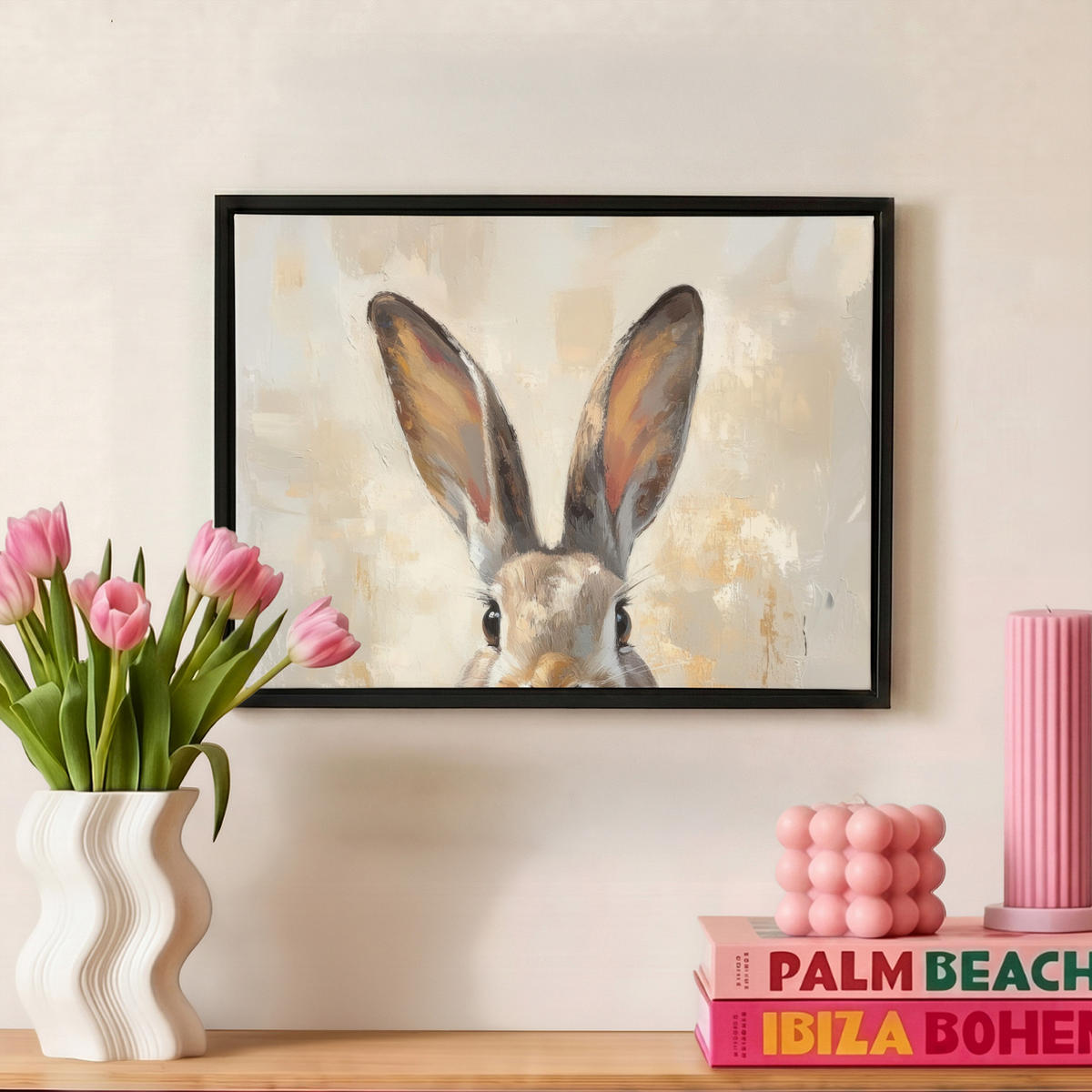 LEINWAND Bilder mit Rahmen - Hase - Ohren - Braun - 40x30 - Beige, Textil (40/30cm) - MuchoWow