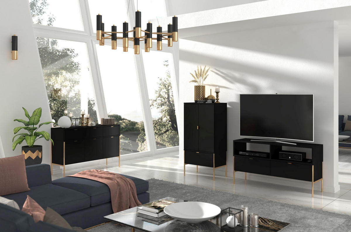 SIDEBOARD Polka, Schwarz, Goldene Details - Goldfarben/Schwarz, Holzwerkstoff/Metall (120/78/37cm) - Skandica