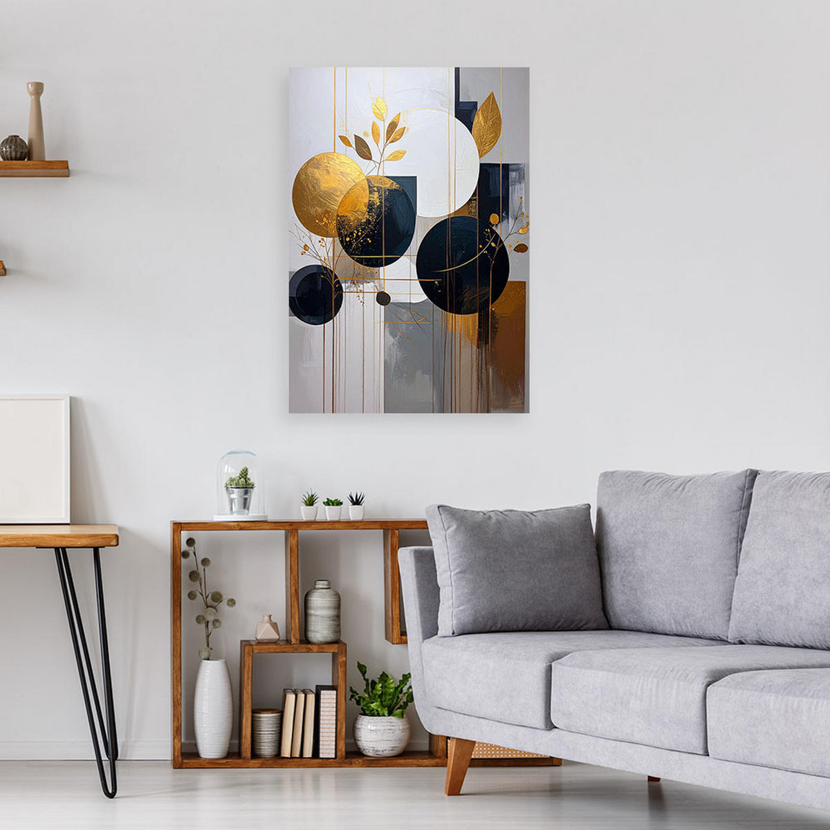 BILD auf Leinwand, Abstraktion: Kreise und Blätter beige-gold - Weiß, Textil (80/120cm) - Feeby