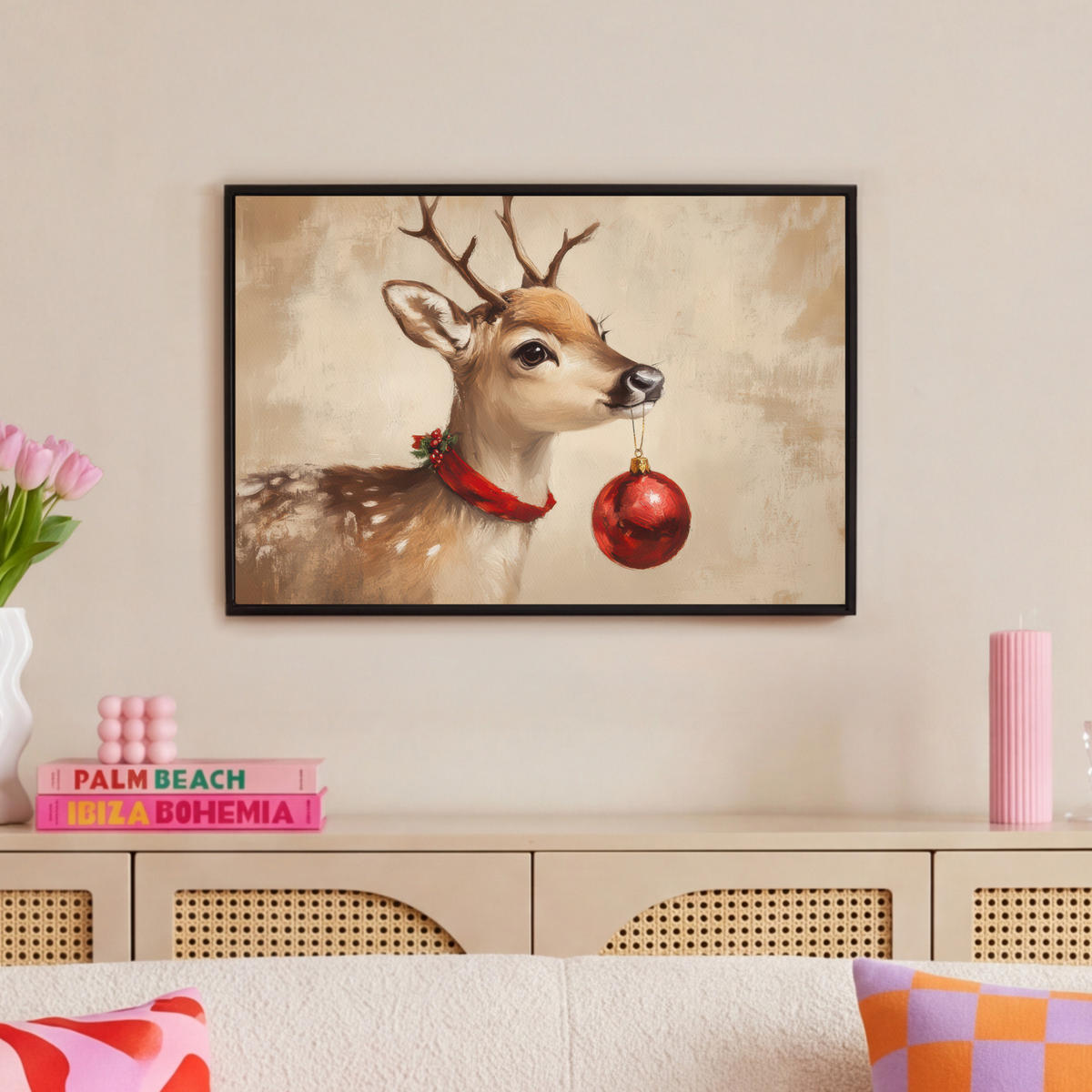 LEINWAND Bilder mit Rahmen - Weihnachten - Hirsch - Geweih - Weihnachtskugel - Rentier - 60x40 - Hellbraun, Textil (60/40cm) - MuchoWow