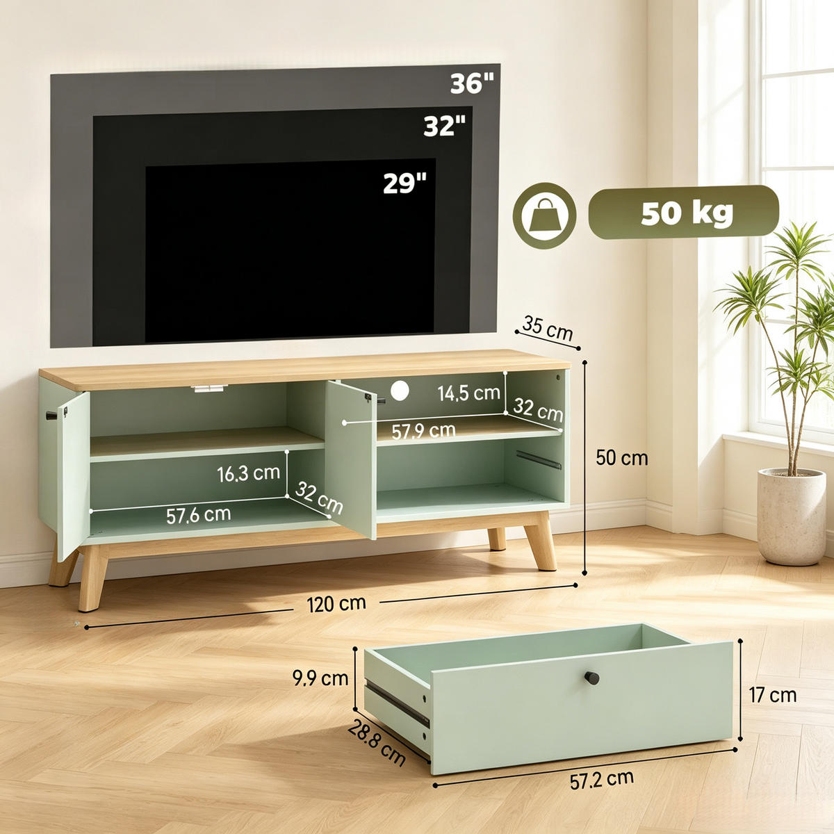 TV-SCHRANK 120/35/50 cm Hellgrün Eiche mit 1 Schublade und 2 Türen - Eichefarben, Holzwerkstoff (120/50/35cm) - Oxeza