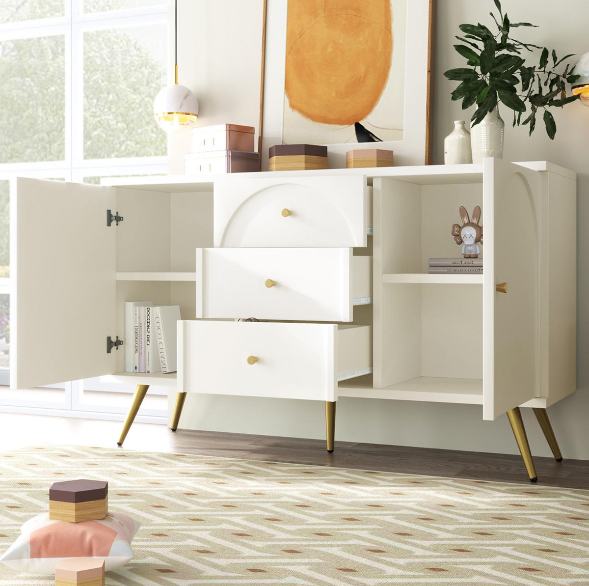 KOMMODE 140/40/84 cm in Creme-Weiß mit 2 Türen, 3 Schubladen und verstellbarem Fachboden - Weiß, Holz (140/40/84cm) - Flora Grace