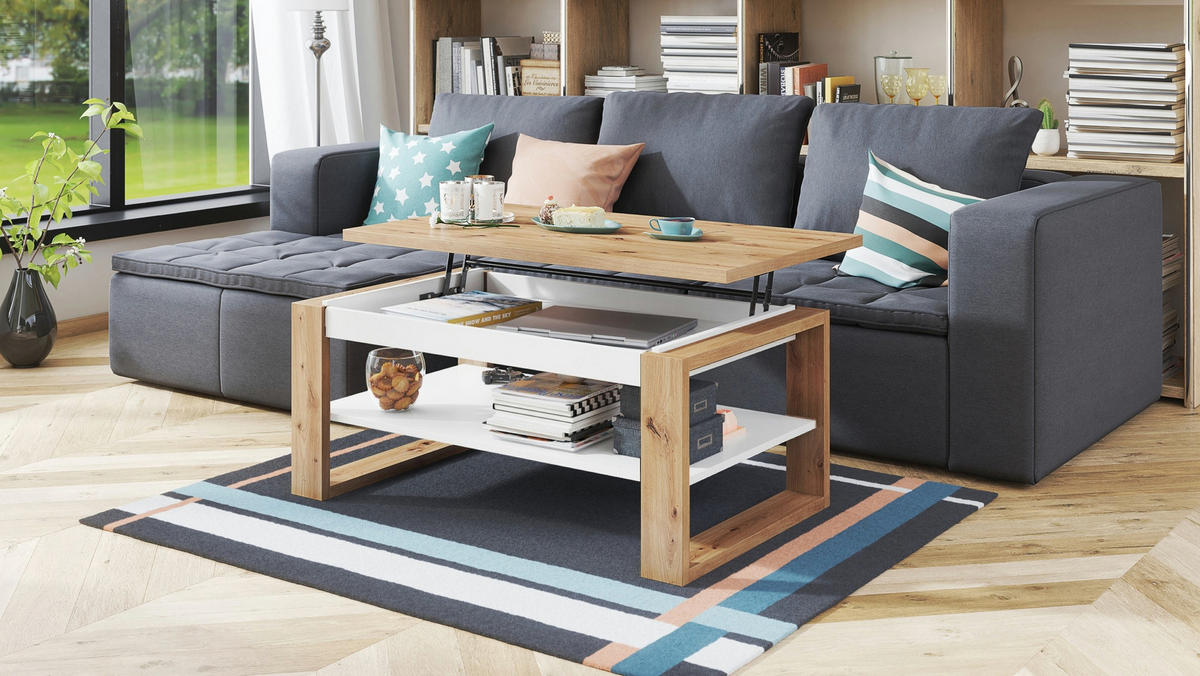 COUCHTISCH rechteckig Eiche Artisan - Weiß aufklappbar 110/65/50 cm - Eiche Artisan/Weiß, Holzwerkstoff (65/110/50cm) - designimpex