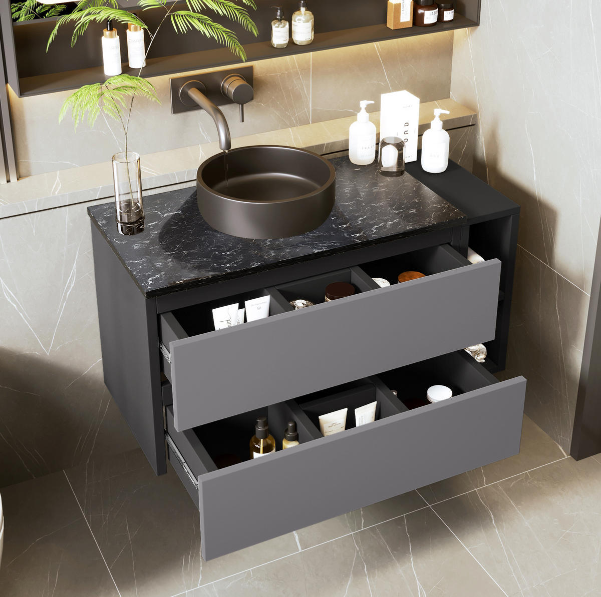 WASCHTISCHKOMBI 80 cm Schwarz/Grau aus MDF mit Marmor-Arbeitsplatte und Stauraum - Schwarz, Holzwerkstoff (80/48.5/44cm) - OKMYHOME