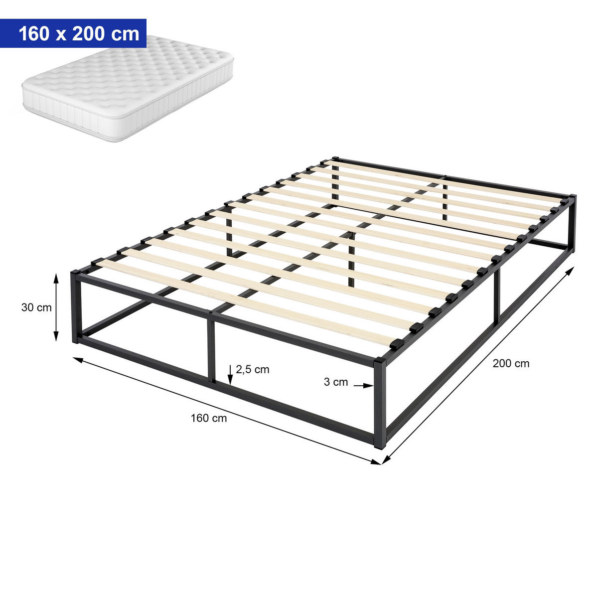 METALLBETT 200/160 cm - Schwarz, Metall (160/200cm) - ML-DESIGN