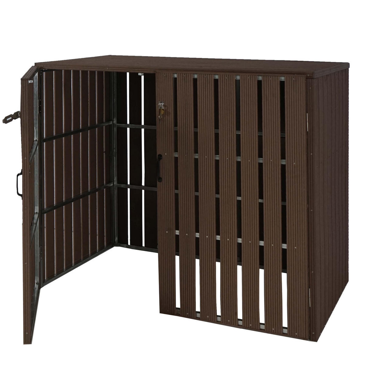 MÜLLTONNENBOX XL 2er-/4er-WPC HxBxT 115x140x100cm Metall Holzoptik erweiterbar Braun - Braun, Metall (140/115/100cm) - PROREGAL