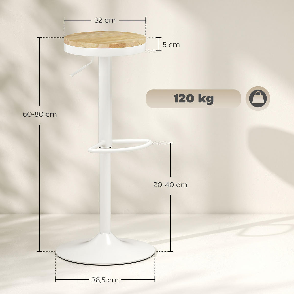 BARHOCKER 2er-Set DE-08040 höhenverstellbar, 360° drehbar Weiß - Naturfarben/Weiß, Holzwerkstoff (38.5/80/38.5cm) - ComfortXL