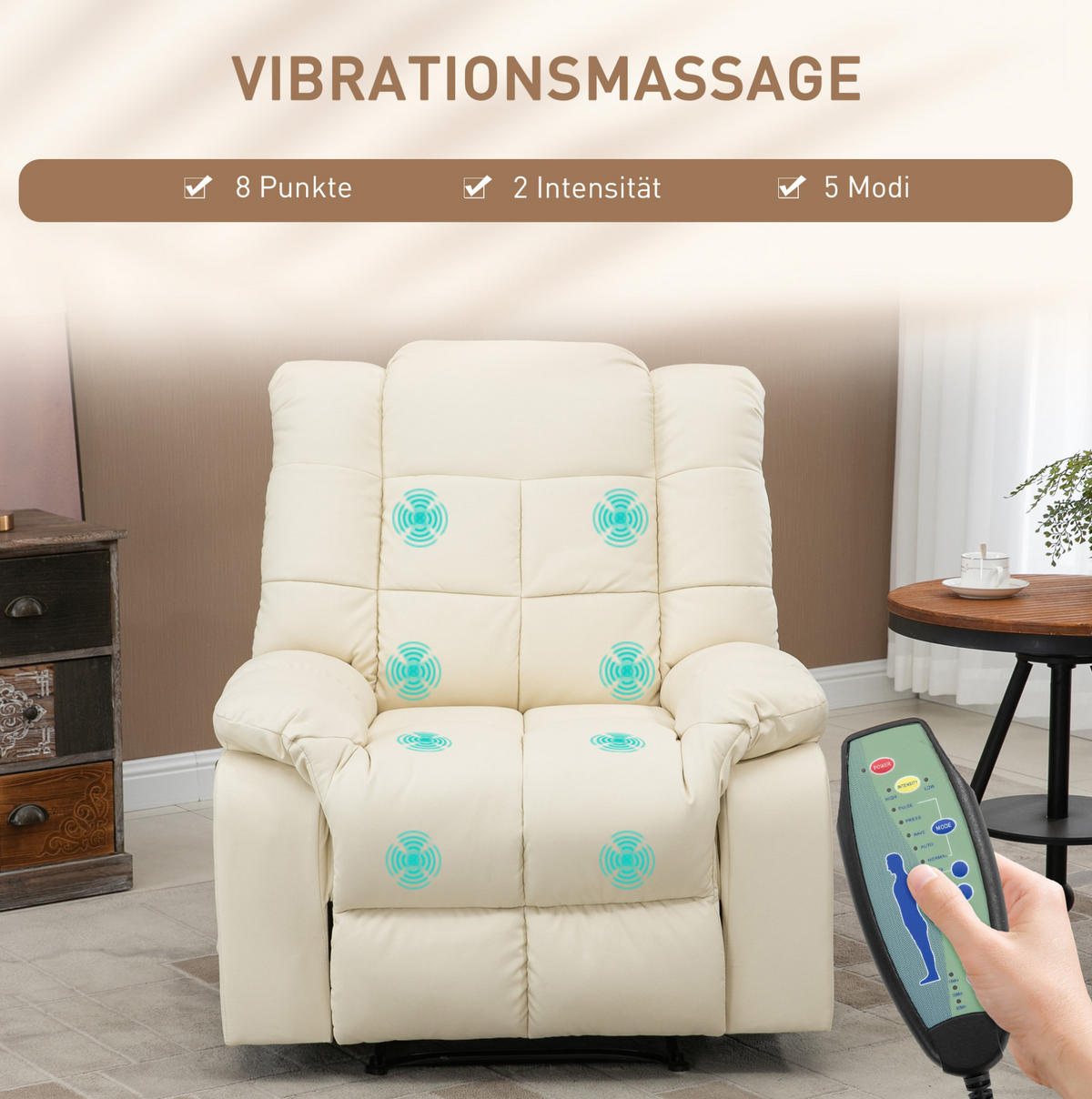 MASSAGESESSEL in Cremeweiß 99x94x99 cm mit 8-Punkt-Massage und verstellbarer Rückenlehne - Creme, Kunststoff (94/99/99cm) - IVMEU