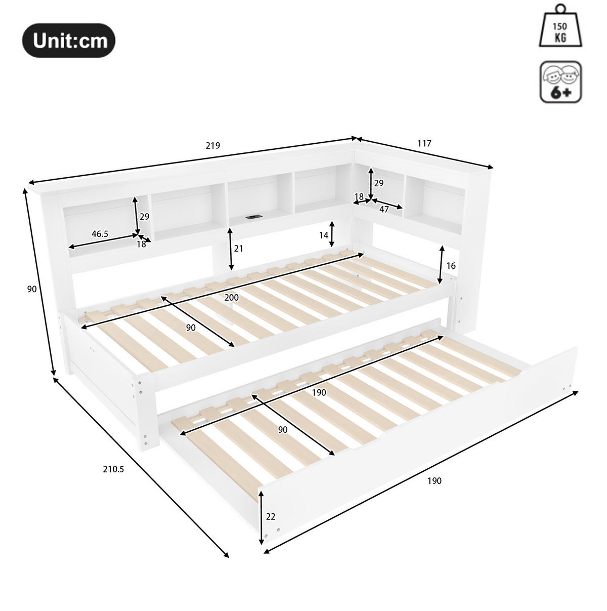 MULTIFUNKTIONSBETT 90/200 cm mit ausziehbarem Rollbett und 2 USB-Anschlüssen Weiß - Weiß, Holz (90/200cm) - OKWISH