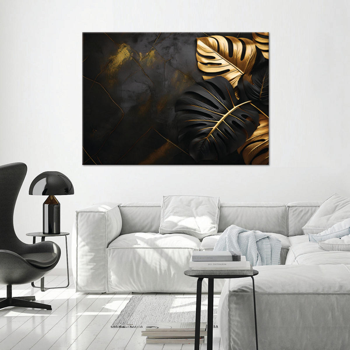 WANDBILD goldene und schwarze monstera blätter auf einem abstrakten hintergrund - Schwarz, Textil (60/40cm) - Feeby