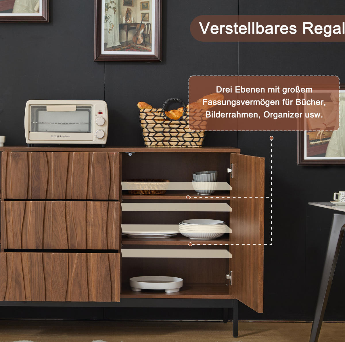PŘÍBORNÍK z MDF a PB 150x40x80 cm tmavě hnědý s nastavitelnými policemi a drážkovaným dekorem - přírodní, kompozitní dřevo (150/80/40cm) - Modfu