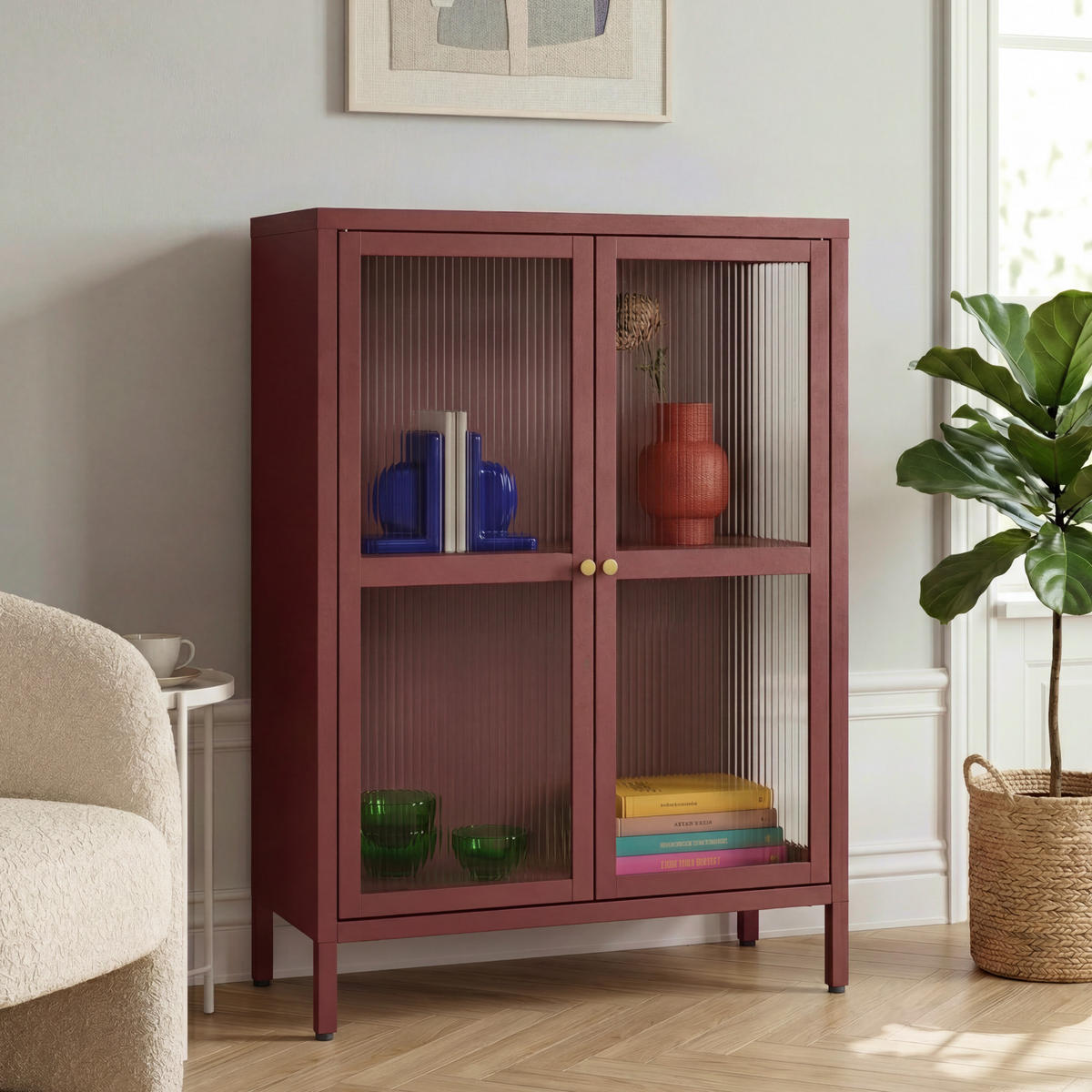 VITRÍNA Säkylä - bordeaux/průhledná, kov/sklo (64/84/35cm) - [en.casa]