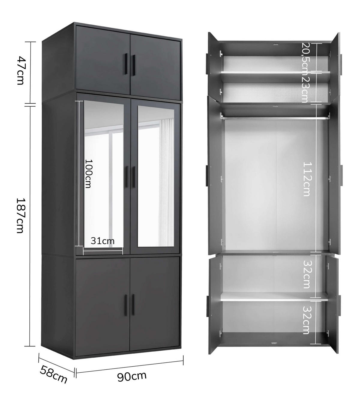 KLEIDERSCHRANK mit Spiegel Der Grenzenlose - Anthrazit, Holzwerkstoff (90/234/58cm) - Mokebo