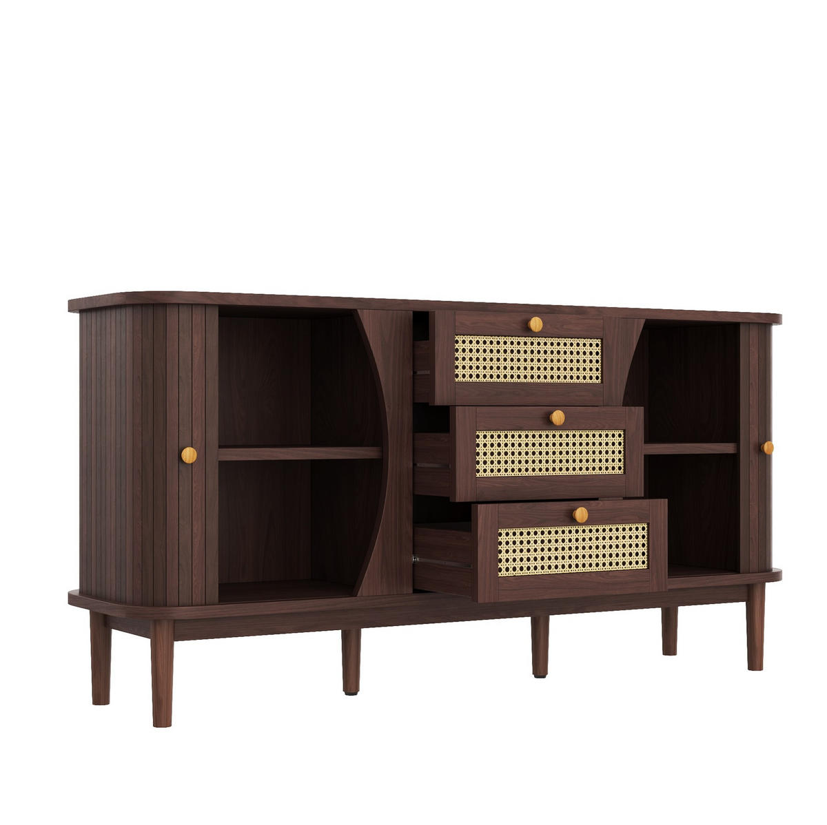 SIDEBOARD 140,5/40/76 cm mit 2 Schiebetüren & 3 Rattanschubladen in Walnuss-Optik - Naturfarben, Holzwerkstoff (140.5/73/40cm) - BEAOK