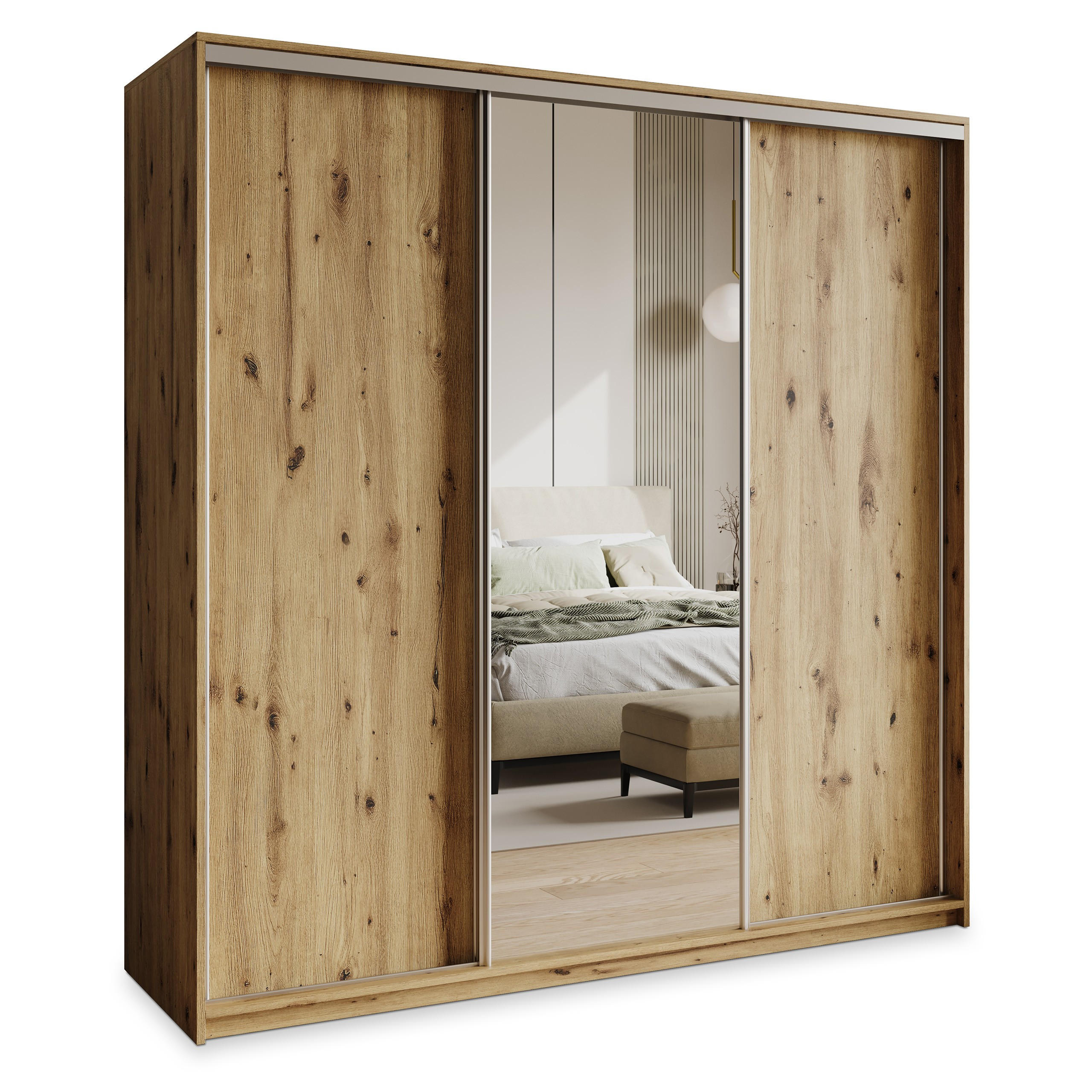SCHWEBETÜRENSCHRANK TAVI 180/205/60 cm 3-türig mit Spiegel und Schubladen Eiche Artisan - Eiche Artisan/Nickelfarben, Holzwerkstoff (180/205/60cm) - MASSENO