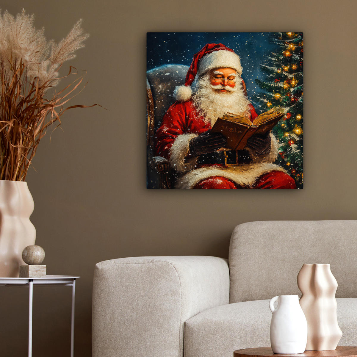 LEINWANDBILD Weihnachtsmann - Weihnachten - Winter - Weihnachtsbaum 50x50 cm - Bordeaux, Textil (50/50cm) - MuchoWow