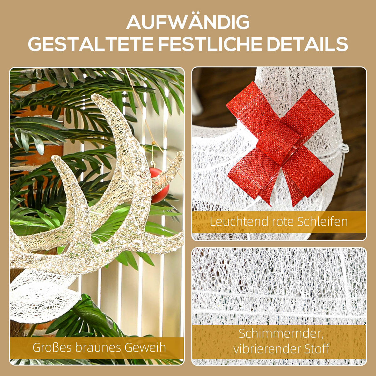 3ER Set LED Rentier, Weihnachtsdeko mit 283 warmweißen Lichtern Stahlrahmen - Silberfarben, Metall (37/134/64cm) - Outsunny