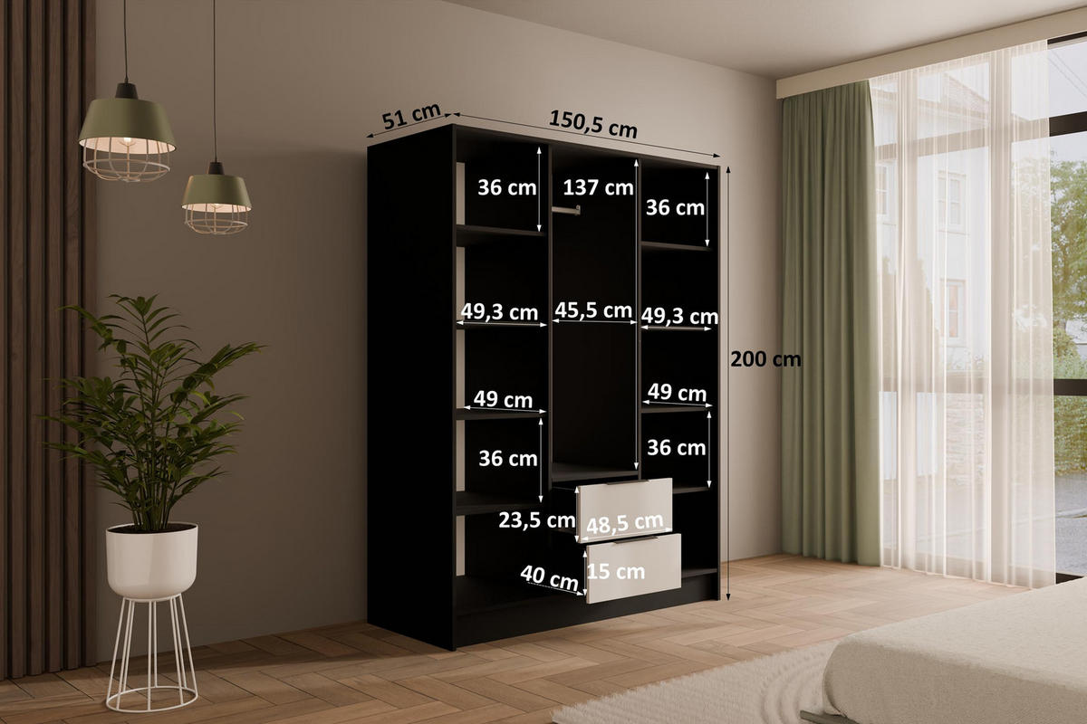 KLEIDERSCHRANK NELIA - 150 cm - Schwarz/Weiß, Holzwerkstoff (150/200/51cm) - ALTDECOR