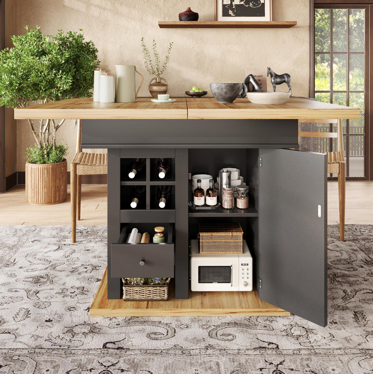 AUSZIEHBARER Esstisch aus MDF mit Stauraum, 110-140/80/75 cm, Schwarz/Natur - Schwarz, Holzwerkstoff (110/80/75cm) - Redom
