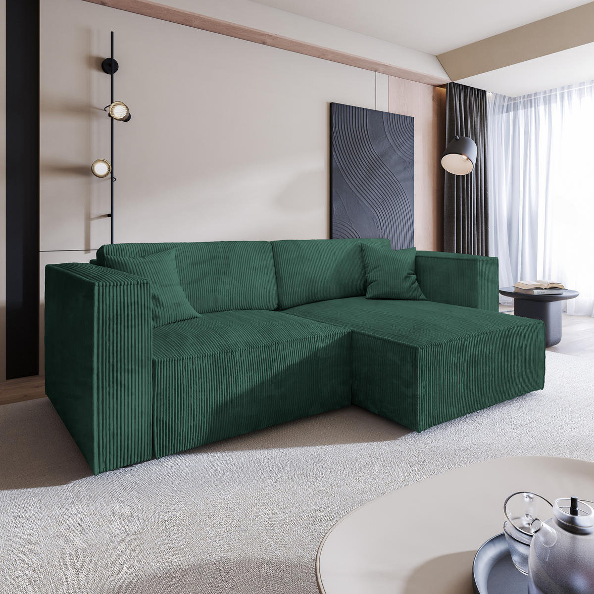 ECKSOFA NERIO P Grün Kordstoff mit Schlaffunktion - Grün, Holz (245/148cm) - MASSENO