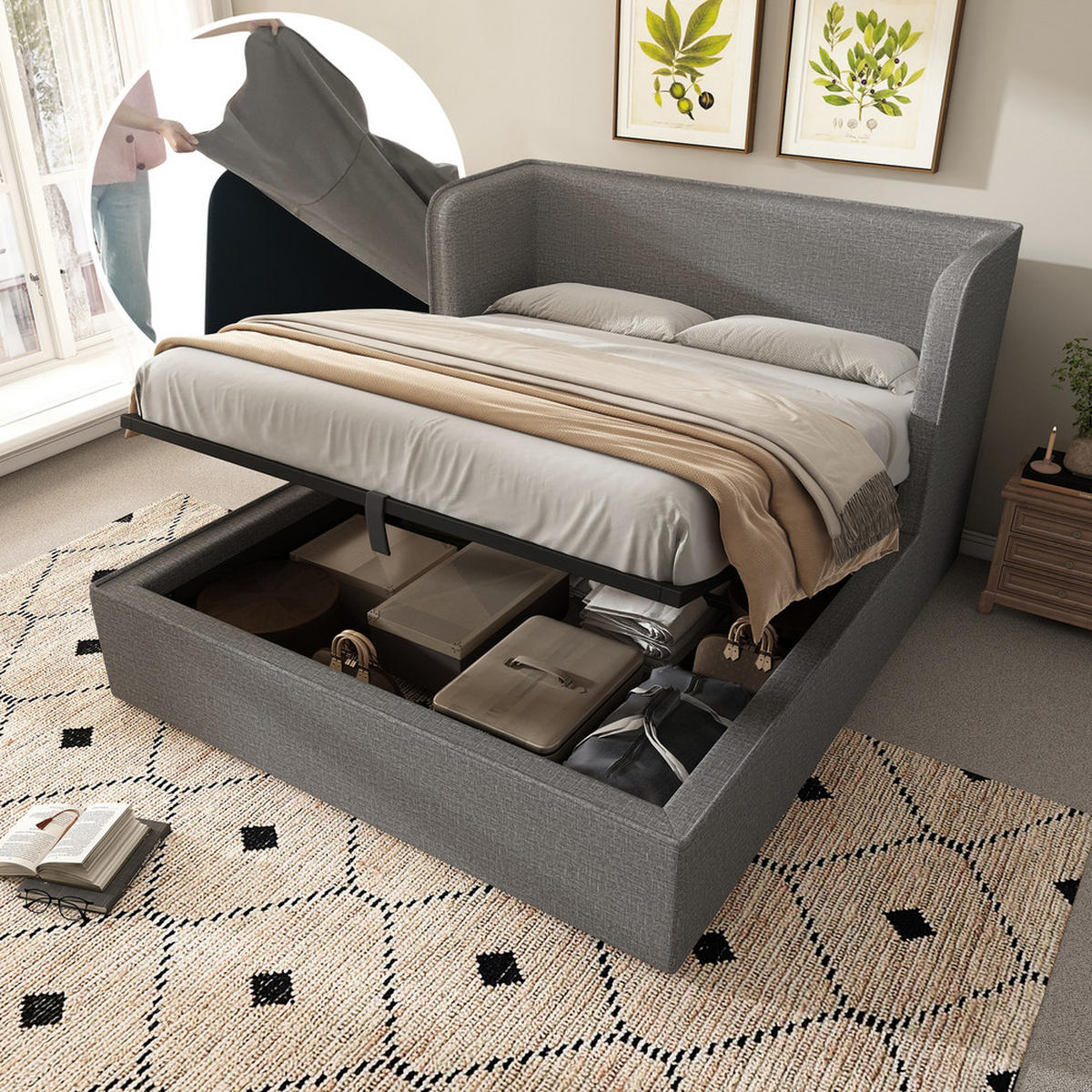 POLSTERBETT 160x200cm Doppelbett Hydraulik-Stauraum Leinen Bezug Grau - Grau, Holz - FLIEKS