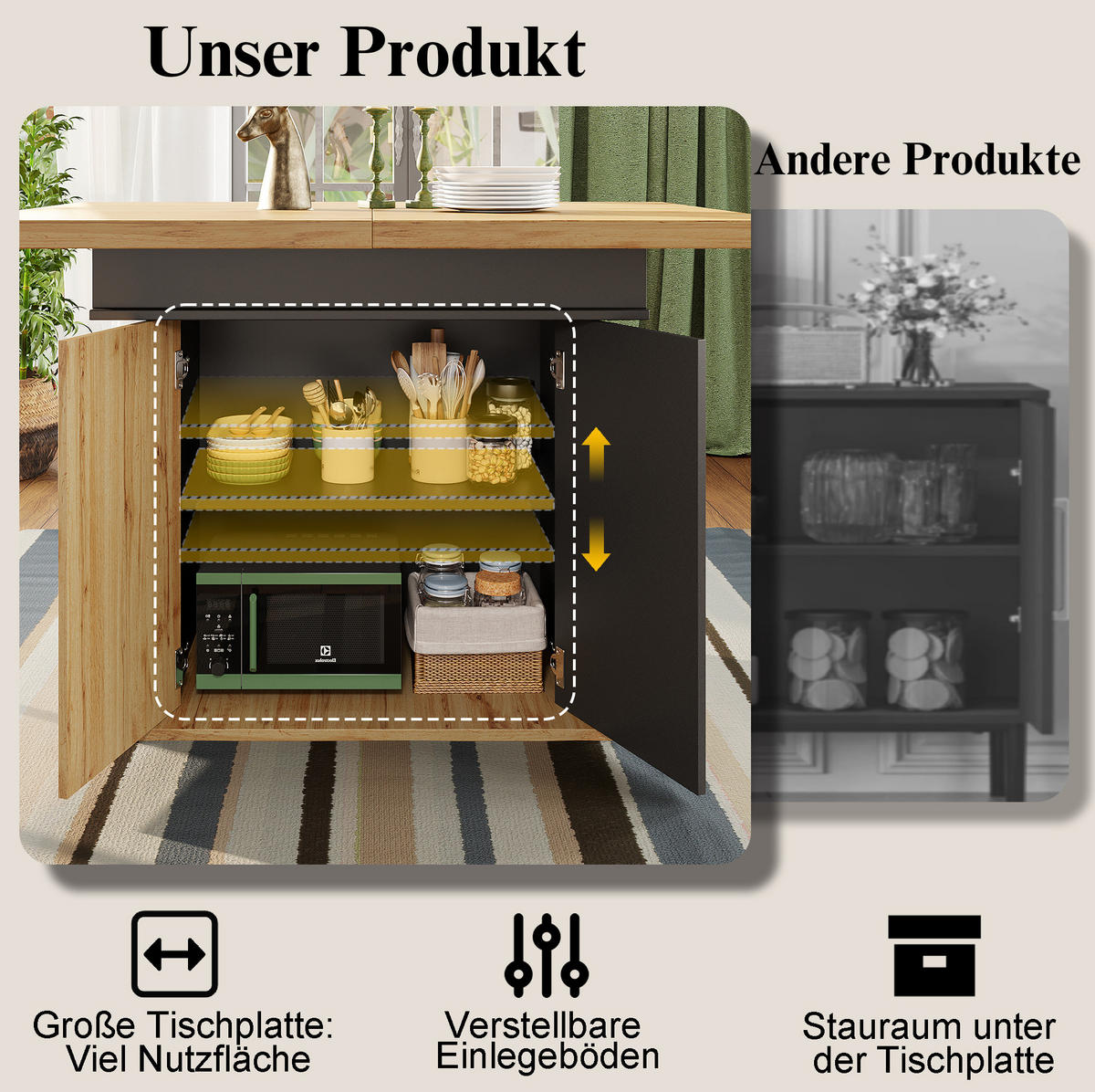 ROZKLÁDACÍ jídelní stůl 110-140/80/75 cm s bočním výsuvem, úložným prostorem a nastavitelnými policemi, Černá / Přírodní - černá, kompozitní dřevo (110/80/75cm) - Redom