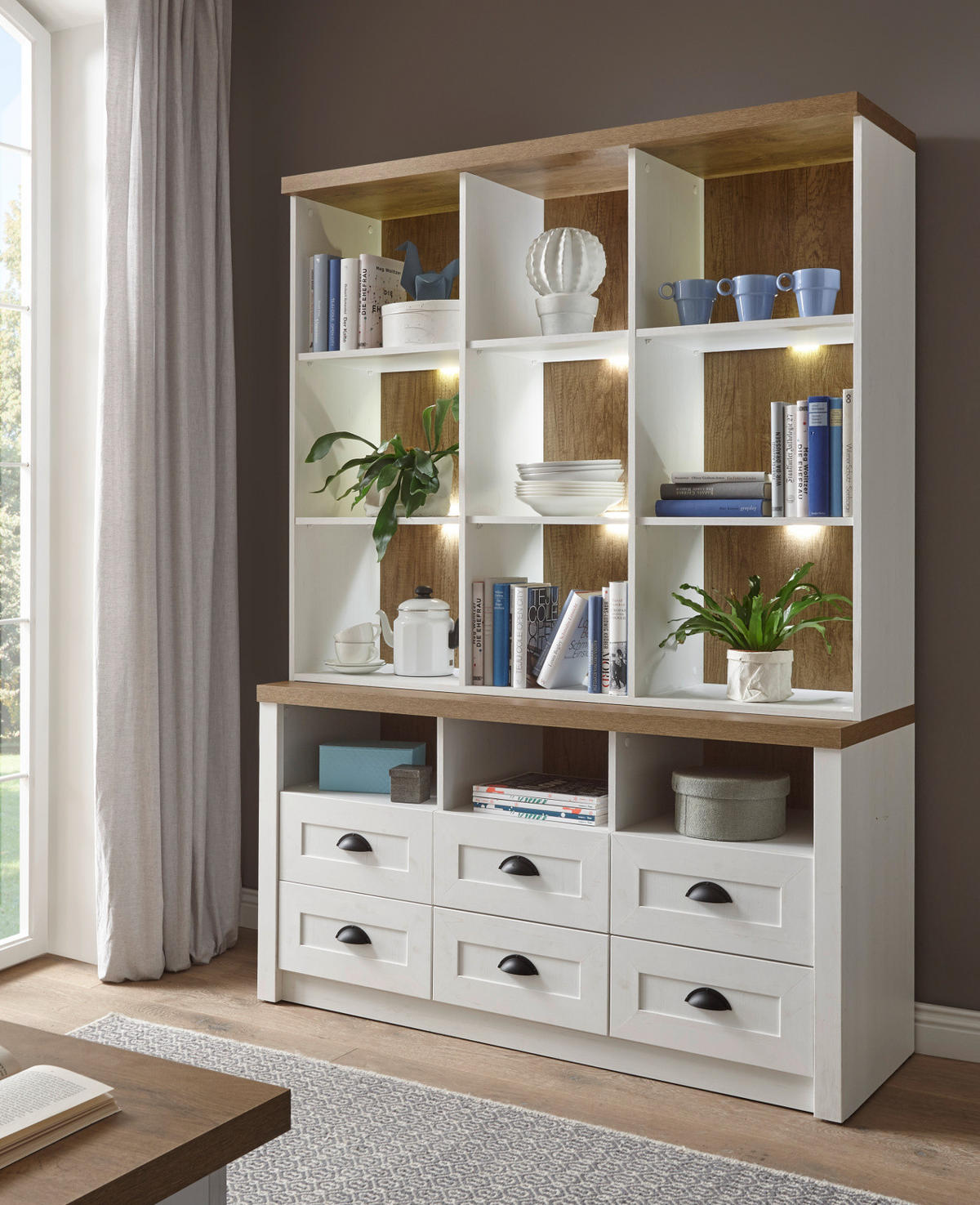 BUFFETSCHRANK weiß Pinie, Eiche hell Landhaus, Buffet 130 x 179 cm - Eichefarben/Schwarz, Holzwerkstoff/Metall (130/179/43cm) - Furn.Design