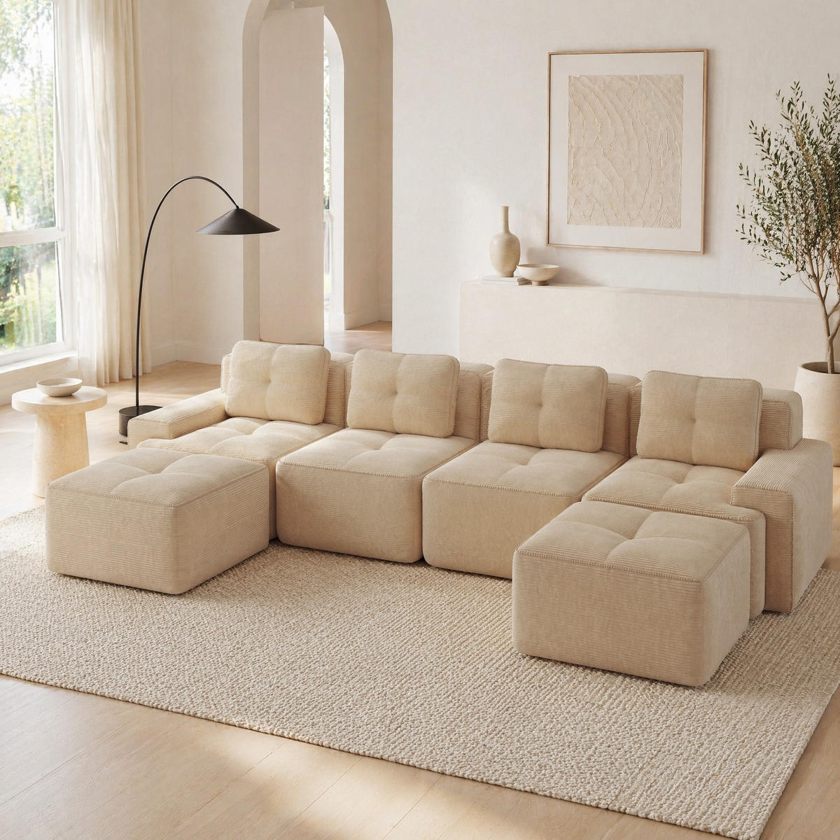 WOHNLANDSCHAFT 382/177/69 cm in Beige aus Cord mit Tiefsitz und modularer Form - Beige, Textil (177/69/382cm) - Flora Grace