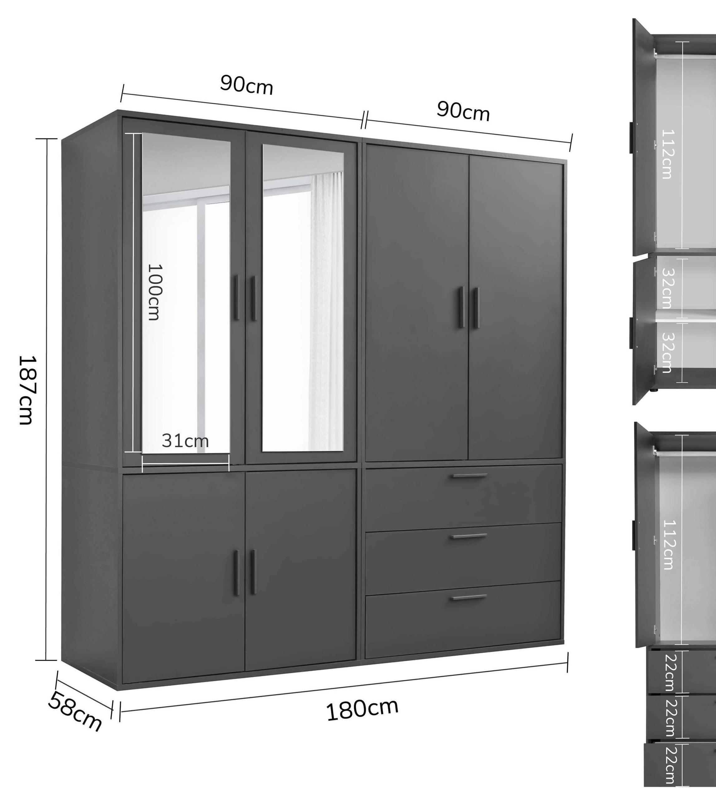 Thumbnail - Mokebo Kleiderschrank, Anthrazit, Holzwerkstoff, 1 Fächer, 180x187x58 cm, Schlafzimmer, Kleiderschränke, Drehtürenschrän...