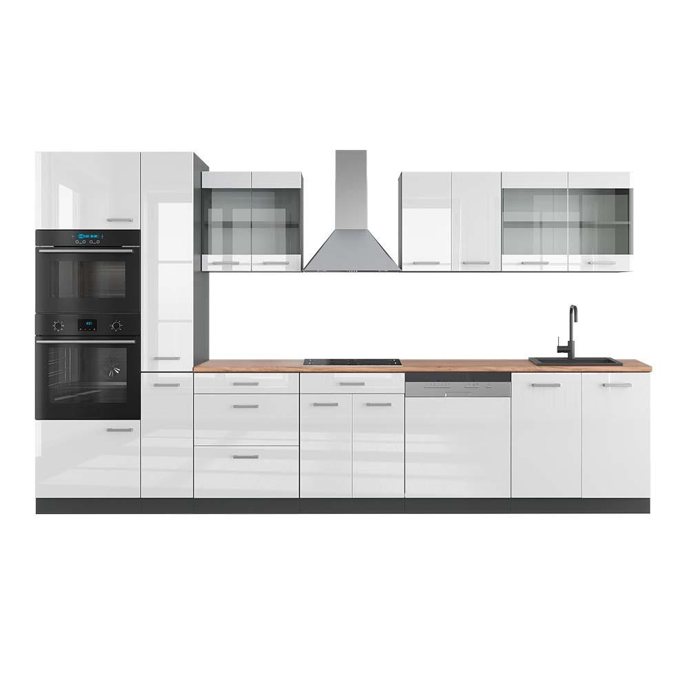 KÜCHENZEILE R-Line Weiß Hochglanz/Anthrazit 350 cm mit Hochschrank, AP Eiche - Weiß Hochglanz/Anthrazit, Holzwerkstoff (350/206.8/60cm) - Vicco