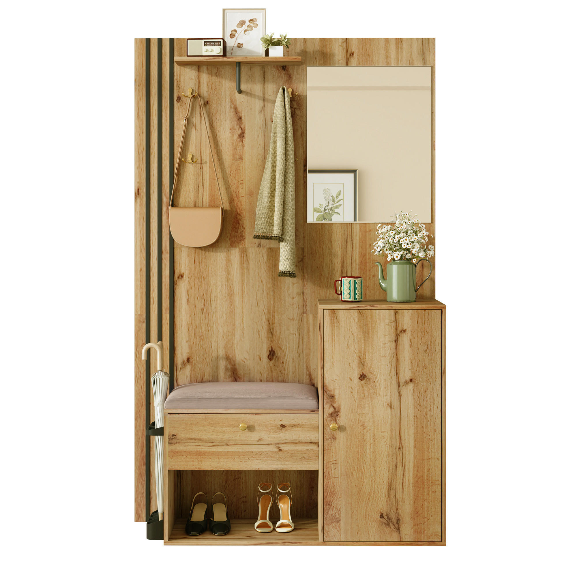 DIELENGARDEROBE mit Spiegel und Sitzbank, 115/37/185 cm, in Natur/Schwarz - Naturfarben, Holzwerkstoff (37/185/115cm) - BEAOK