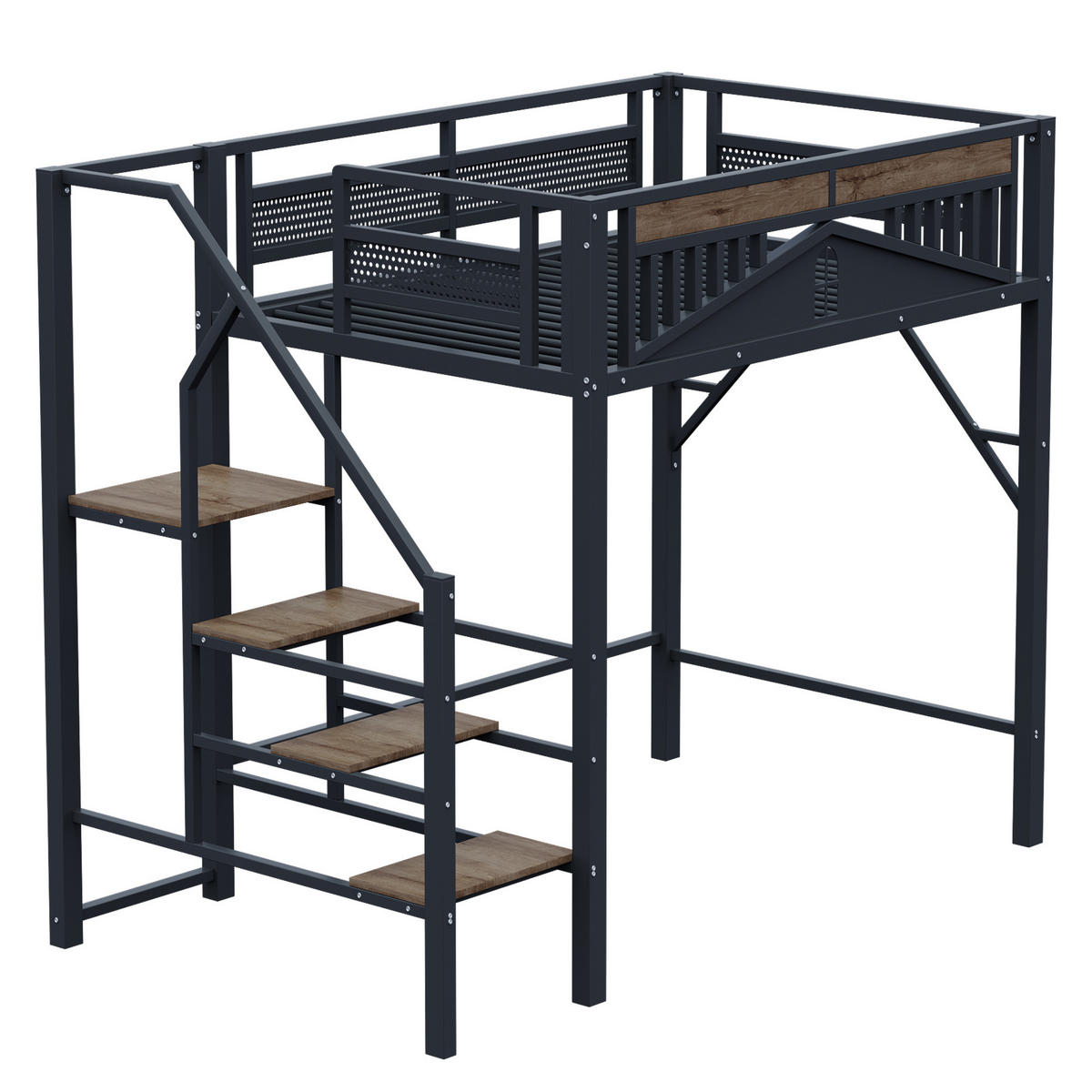 HOCHBETT 140/200 cm mit Sicherheitsleiter, Fensterdesign und Stauraum, Schwarz - Schwarz, Metall (140/200cm) - Redom