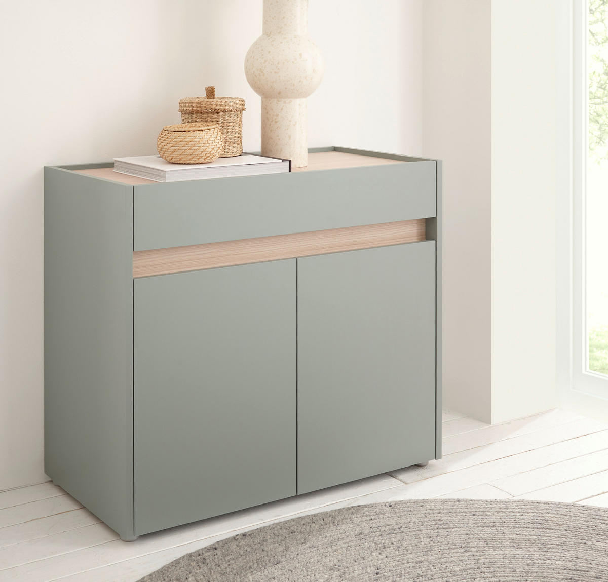 SCHUHSCHRANK Flur Kommode in Salbei Grün mit Eiche, Schubkasten und Fächer, 80 x 70 cm - Salbeigrün/Eichefarben, Holz/Holzwerkstoff (80/70/40cm) - Furn.Design