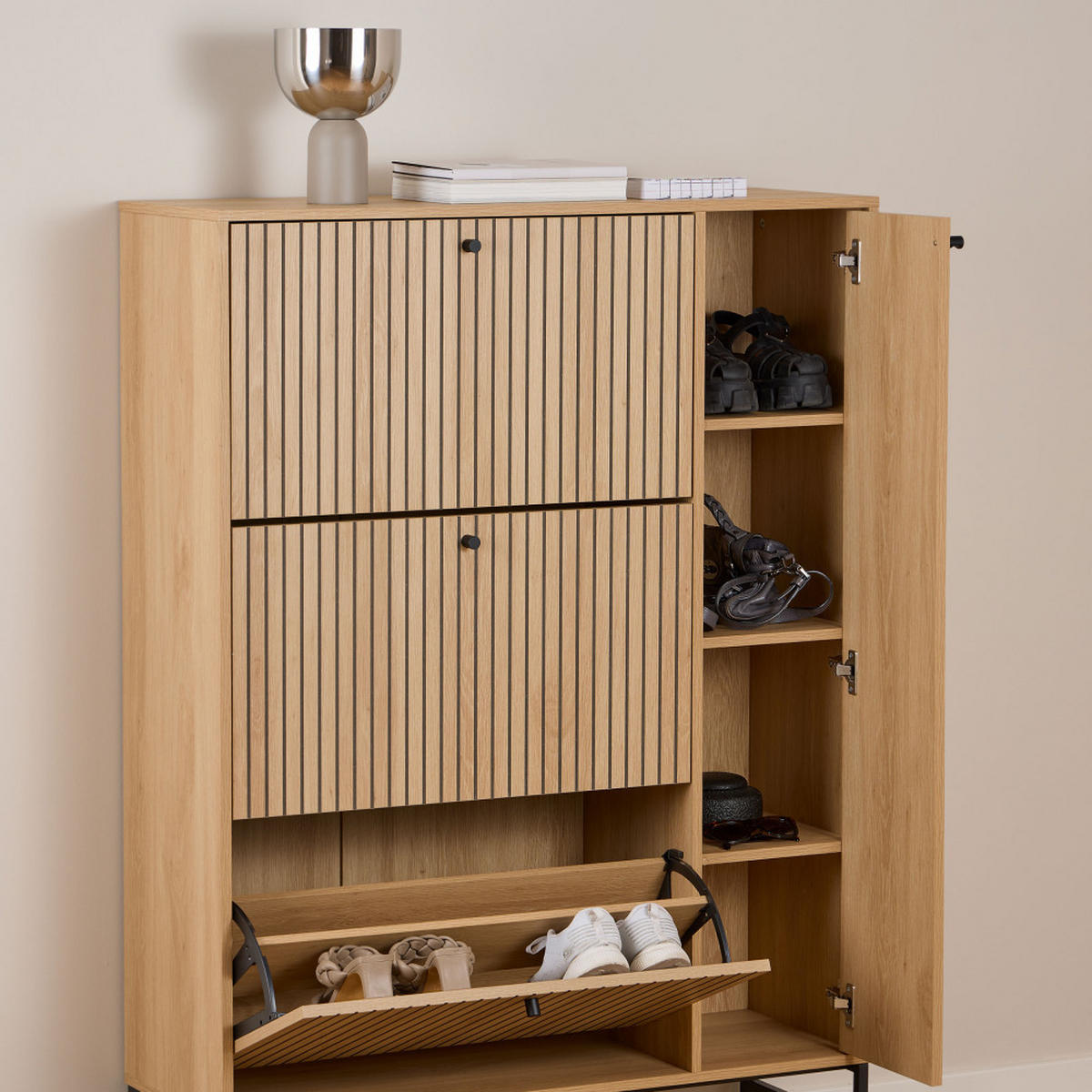 SCHUHSCHRANK mit 4 Türen aus Holz und Metall, L98,7cm - Storo - Klares Holz - Eschefarben, Holz (99/140/35cm) - Drawer