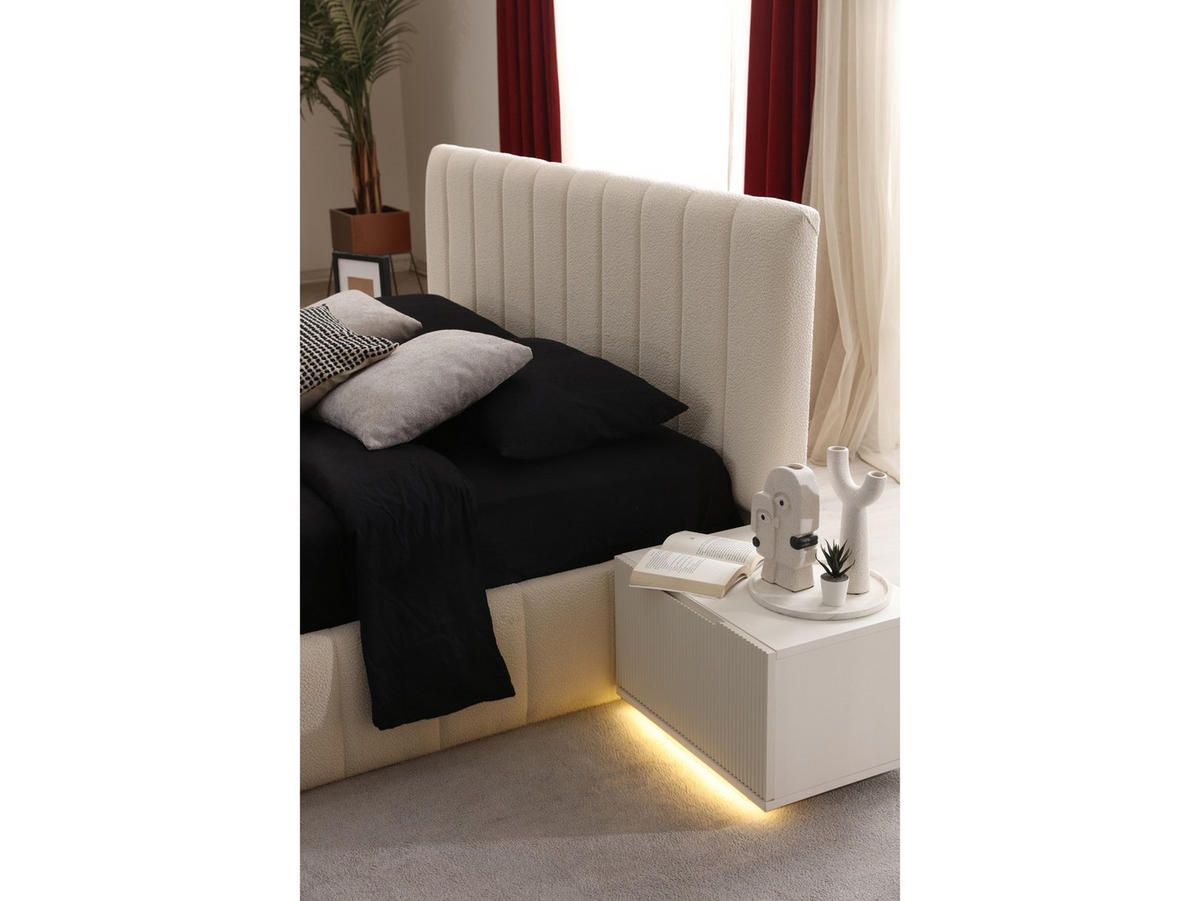 BETTANLAGE Velteria Typ-2 Bett mit Kopfteil 2 Nachttischen und Kommode - Creme, Holzwerkstoff (160/200cm)