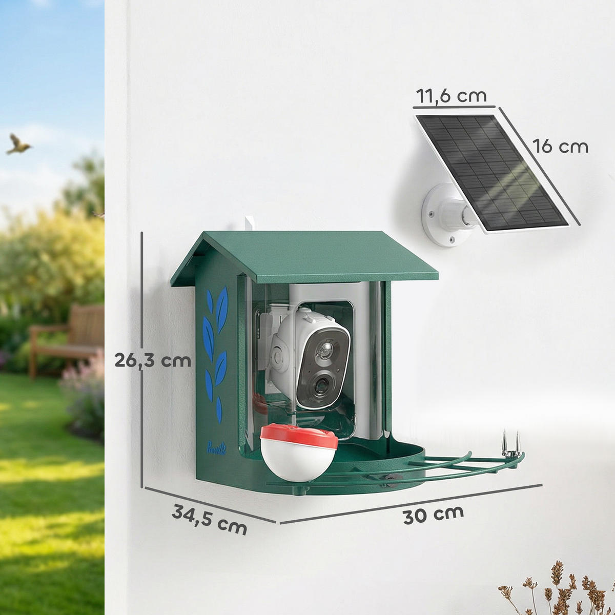 VOGELFUTTERSTATION DE-17848 mit 2K Kamera & Solar Grün - Dunkelgrün, Metall (34.5/26.3/30cm) - ComfortXL
