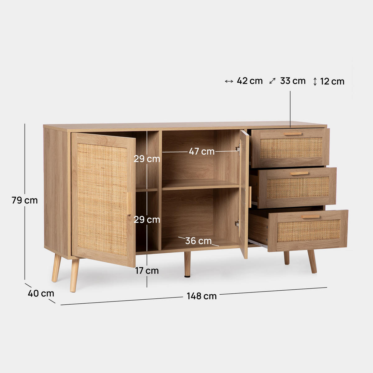 ANRICHTE NIEDRIGE Tahiti Natürlich 148 cm x 79 cm - Naturfarben, Holzwerkstoff (148/79/40cm) - Klast Home