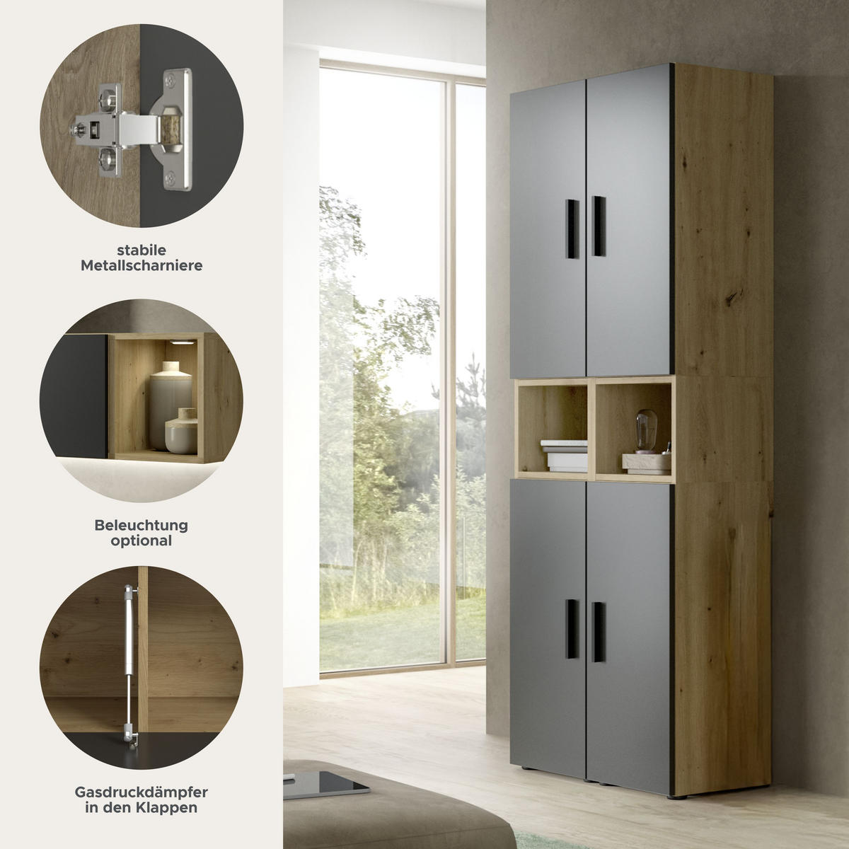 WOHNWAND The One Basalt grau 65/34/178 cm - Braun, Holzwerkstoff (65/178/34cm) - Xonox