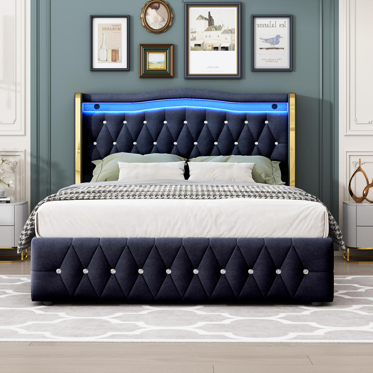 POLSTERBETT 140/200 cm schwarz mit farbwechselnder LED-Beleuchtung und hydraulischem Stauraum - Schwarz, Textil (140/200cm) - OKWISH