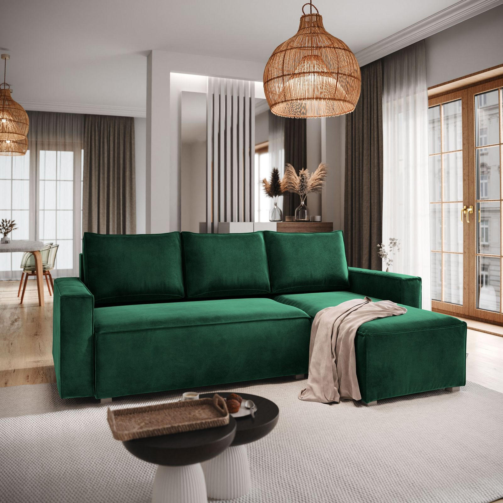 ECKSOFA SILES Grün Velours-Stoff mit Schlaffunktion - Grün, Holz (230/140cm) - MASSENO