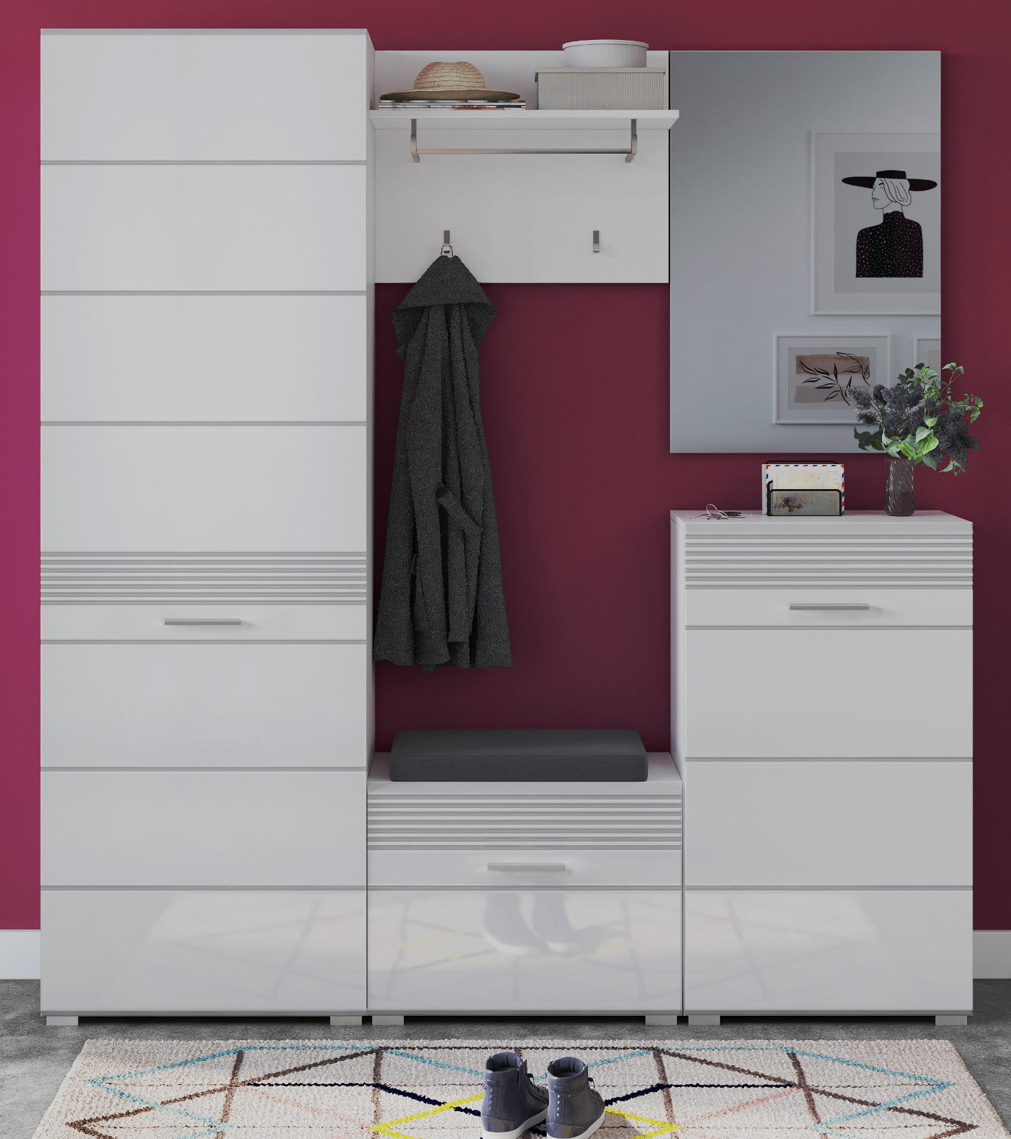 GARDEROBEN-SET weiß Hochglanz 5-teilig 170 cm mit Spiegel, Garderobenkombination - Weiß Hochglanz/Silberfarben, Holzwerkstoff/Kunststoff (170/190/37cm) - Inn.Furn