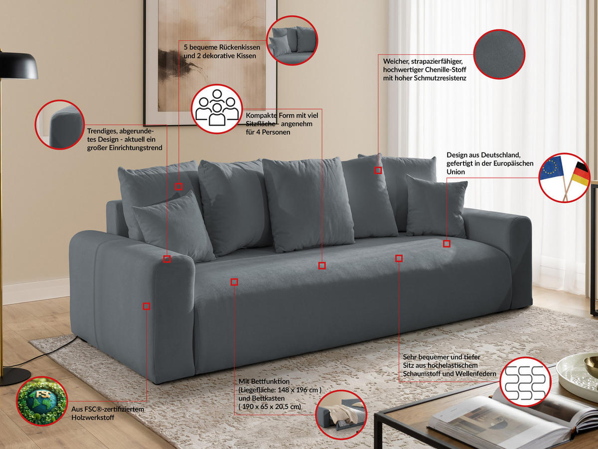 SCHLAFSOFA Calma mit Bettkasten im Bumpy-Design aus weichem Dunkelgrau Webstoff - Dunkelgrau/Schwarz, Holz/Kunststoff (239/88/98cm) - S-Style